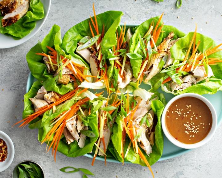 Chicken and Cucumber Lettuce Wraps with Peanut Sauce 