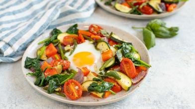 Baked Eggs with Roasted Spring Vegetables