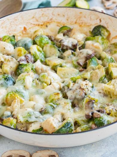 Cheesy Chicken, Brussel Sprouts & Mushroom Bake