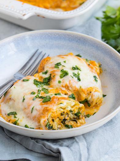 Crab, Kale & Ricotta Lasagna Rolls with Parmesan Pumpkin Sauce