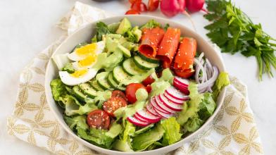 A bowl with a green goddess salad for a diabetic friendly meal that is low carb