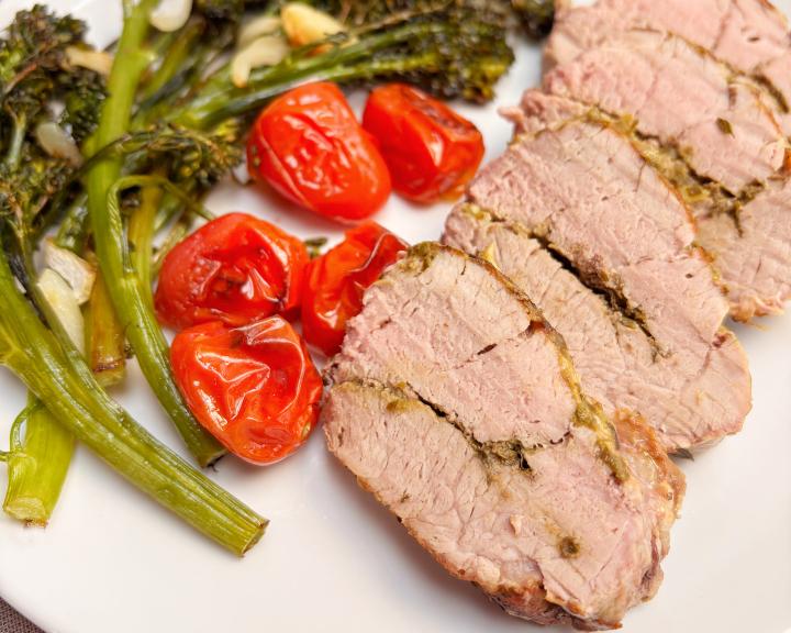 Pesto Pork Tenderloin with Blistered Broccolini and Tomatoes