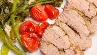Pesto Pork Tenderloin with Blistered Broccolini and Tomatoes