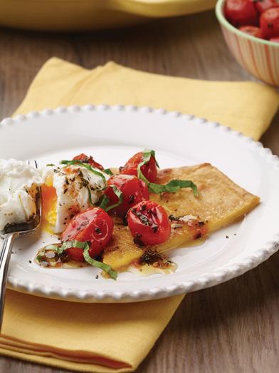 Socca With Poached Eggs, Roasted Tomatoes, And Fresh Basil