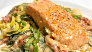 Salmon in Sun-Dried Tomato Sauce over Zucchini Noodles