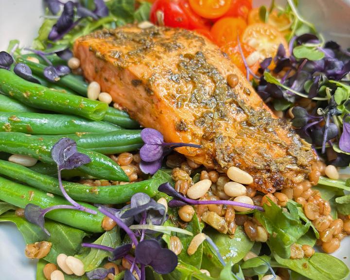 Salmon and Wheat Berry Pesto Salad