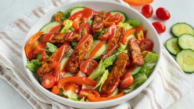 seared barbecue tempeh salad in white bowl