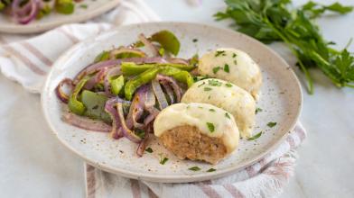 A plate with mini meatloaf and non-starchy vegetables for a healthy easy meal