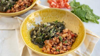 A bowl of turnip greens and black eyed peas for plant powered protein diabetic diet