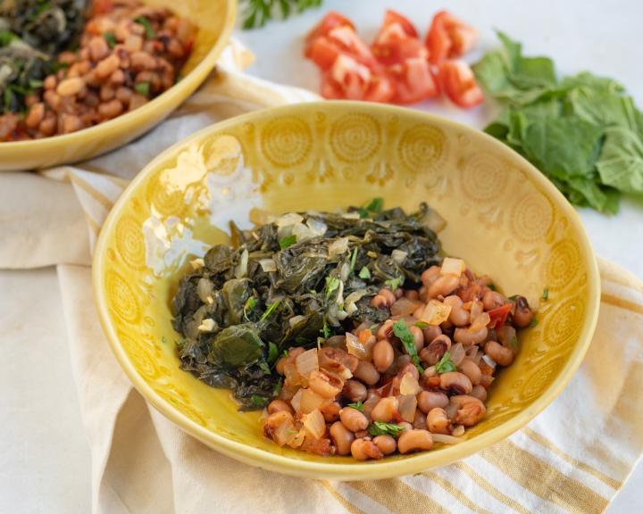 A bowl of turnip greens and black eyed peas for plant powered protein diabetic diet