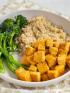 A bowl of tofu, quinoa, and brocolini for a vegan vegetarian diabetes management meal