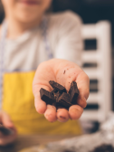 A person cutting up dark chocolate and offering it towards the camera