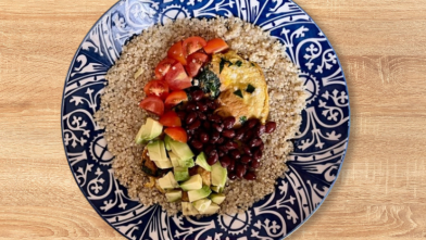 A bowl of vegetarian burrito ingredients